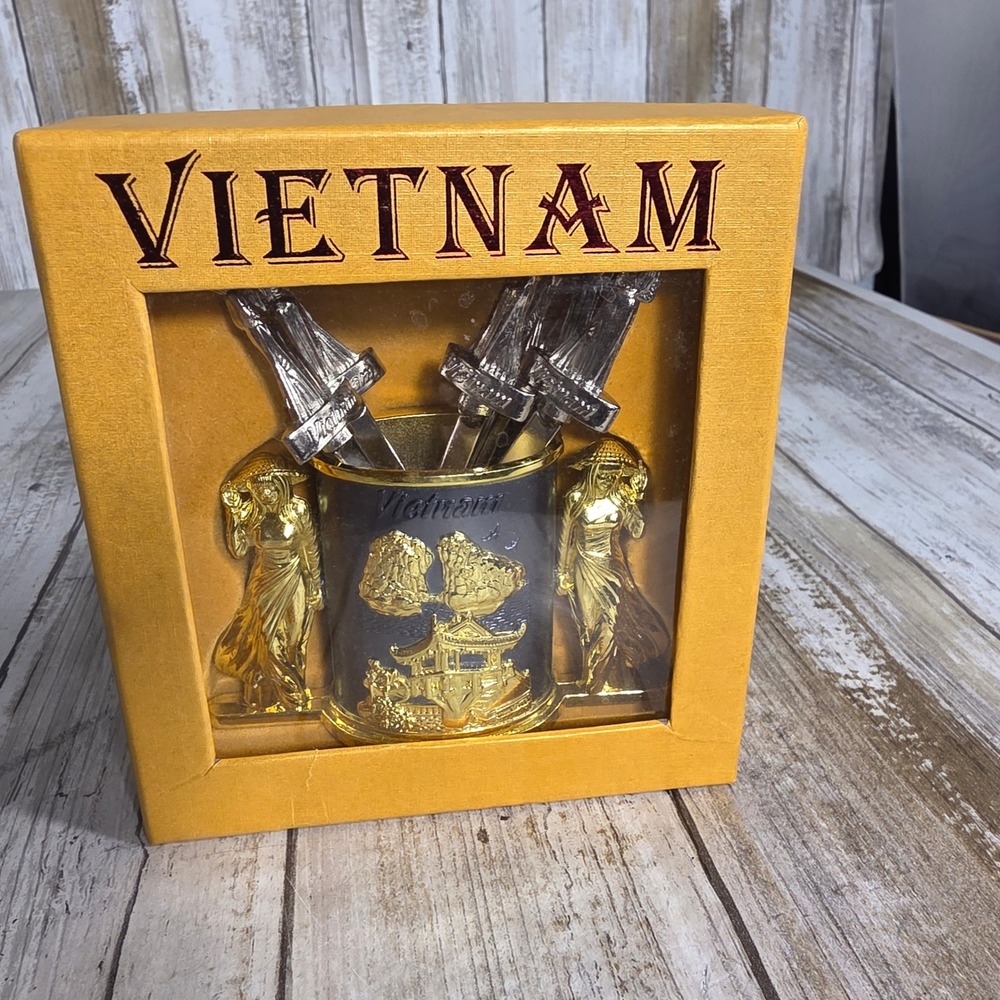 Vietnam Souvenir Appetizer Fork Set 6 Piece Metal Conical Hat Ao Dai Gold Silver